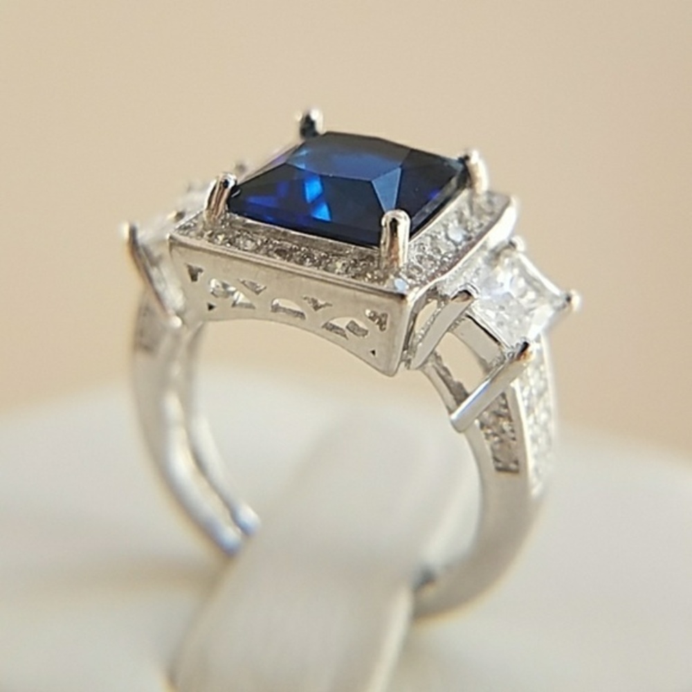 2ct Blue Emerald Princess 3 stone Engagement Ring